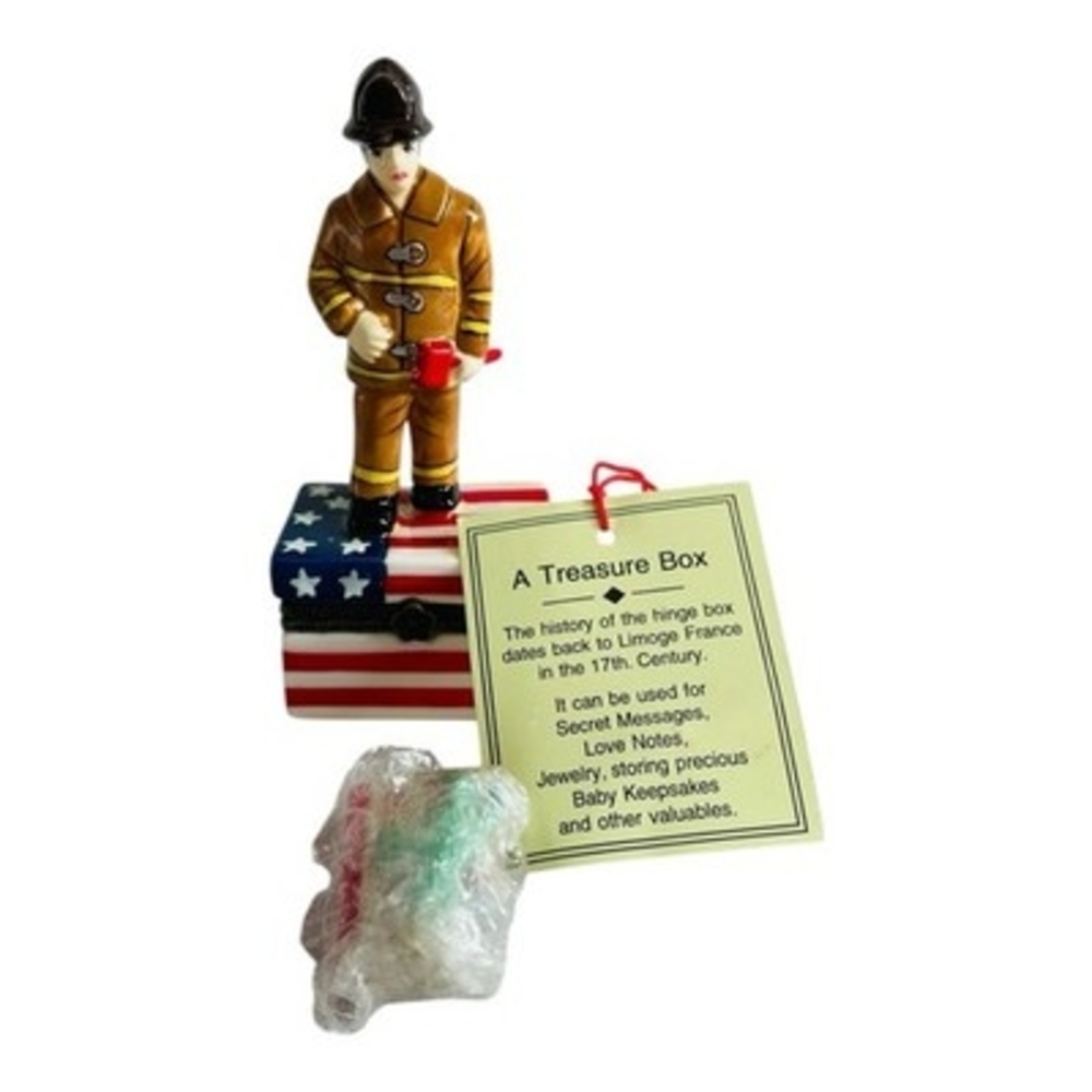 Vintage 9/11 Fireman Porcelain Trinket Box Statue of Liberty American Flag NIB
